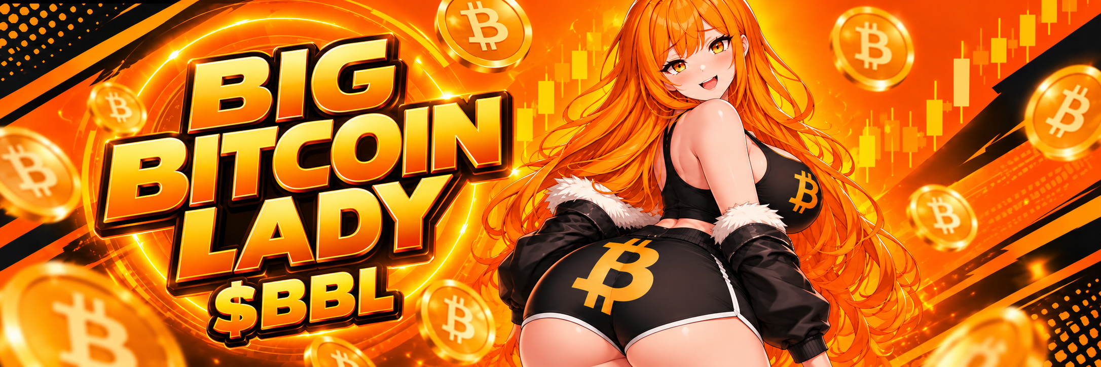 Big Bitcoin Lady with orange hair, Bitcoin shorts and gold Bitcoin coins